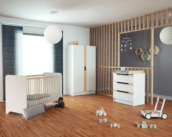 Chambre complète CARROUSEL lit+armoire+ commode à langer  blanc et hêtre
