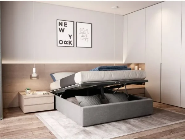 SALOMON Cadre de lit avec sommier à lattes et coffre de rangement en tissu GRIS CLAIR 140/190 cm – Image 2