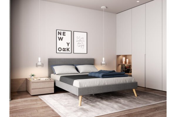 BJORN Cadre de lit style scandinave en tissu avec pieds bois GRIS CLAIR 140/190 cm