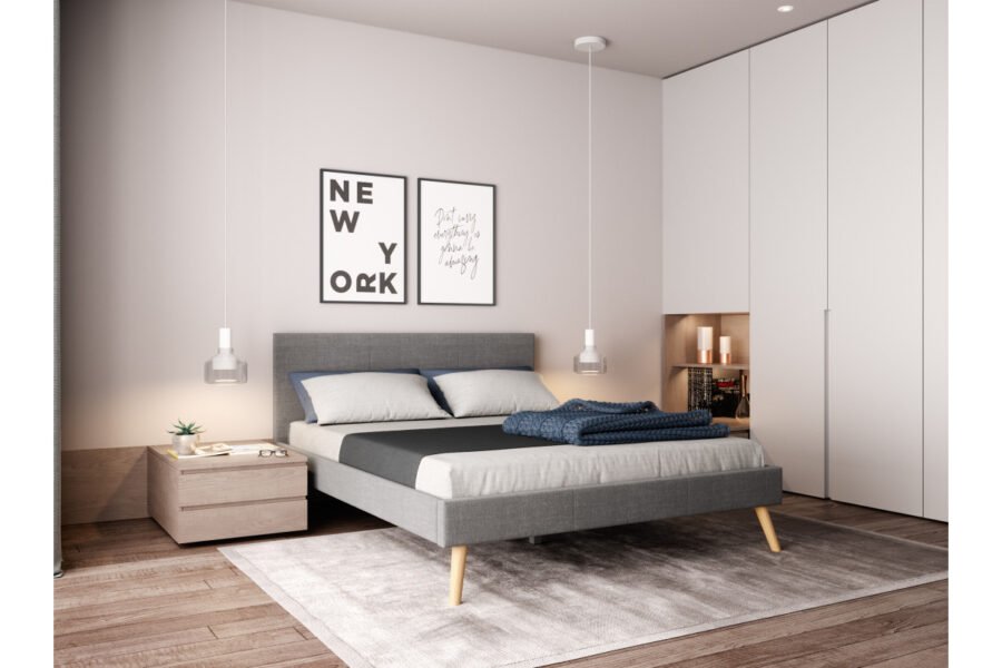 BJORN Cadre de lit style scandinave en tissu avec pieds bois GRIS CLAIR 140/190 cm