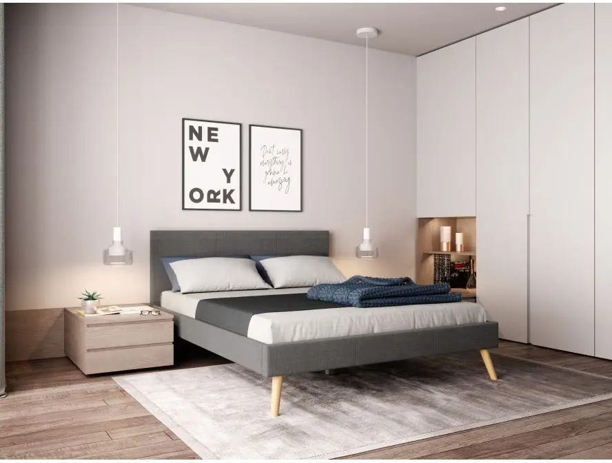 BJORN Cadre de lit style scandinave en tissu avec pieds bois gris foncé  160/200 – Image 2