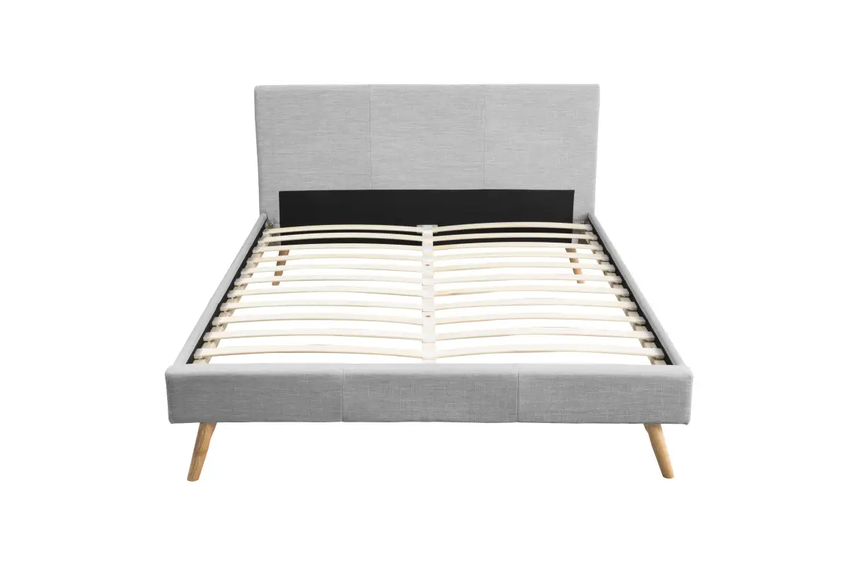 BJORN Cadre de lit style scandinave en tissu avec pieds bois gris clair 160/200cm – Image 3