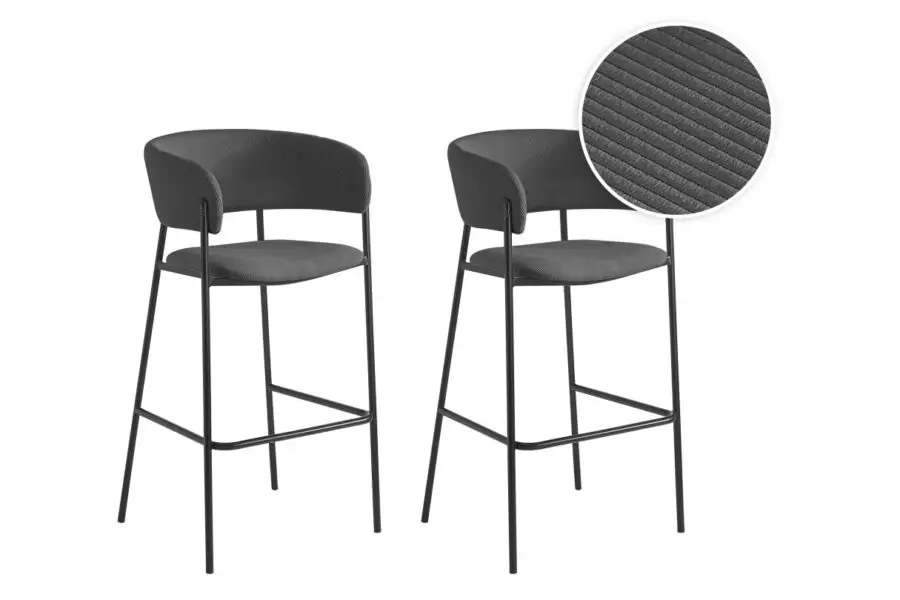 BOLD Lot de 2 tabourets de bar en velours côtelé avec pieds noirs GRIS FONCE