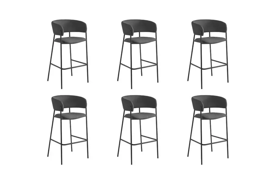 BOLD Lot de 6 tabourets de bar en velours côtelé avec pieds noirs gris foncé