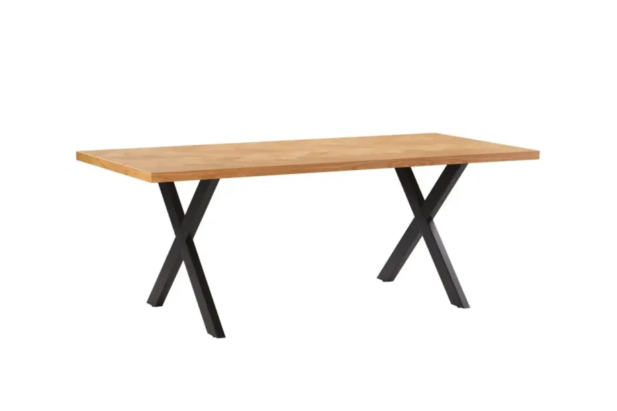 FILAR Table à manger 200cm avec plateau chevron finition chêne et pieds métal noir