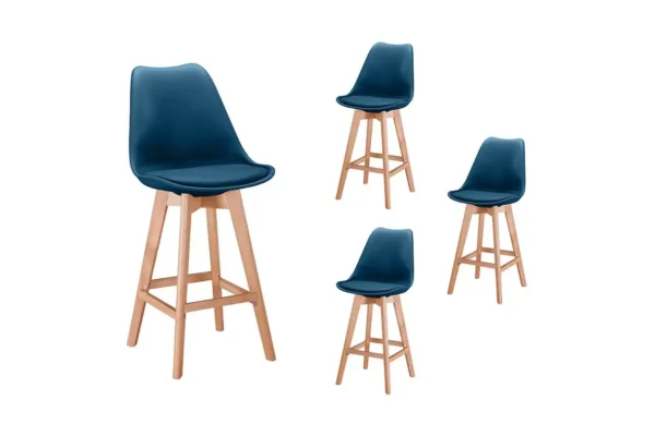 TOMMY Lot de 4 tabourets de bar scandinave avec pieds bois BLEU