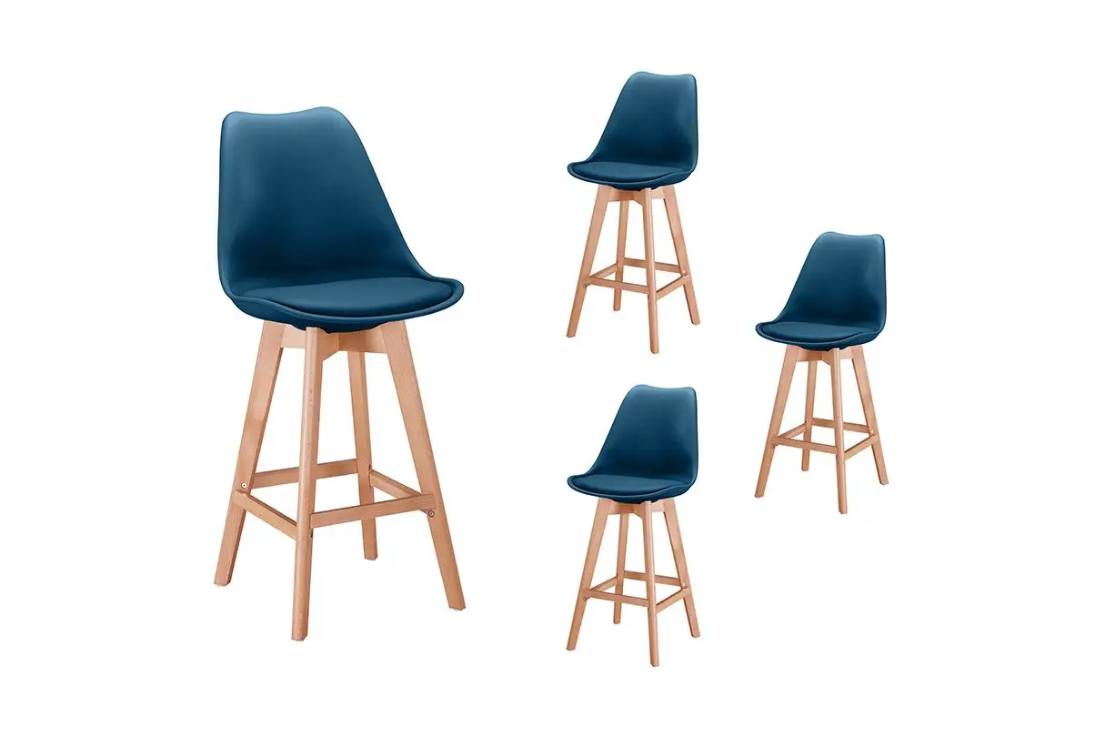 TOMMY Lot de 4 tabourets de bar scandinave avec pieds bois BLEU