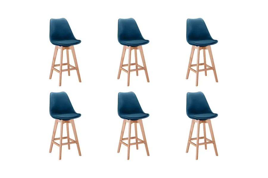 TOMMY Lot de 6 tabourets de bar scandinave avec pieds bois BLEU