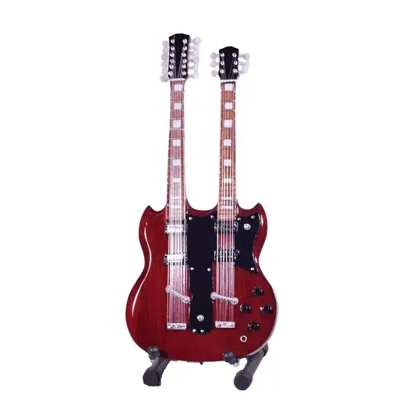 Guitare électrique miniature double en bois 20 cm avec support     LED zeppelin Jimmy page