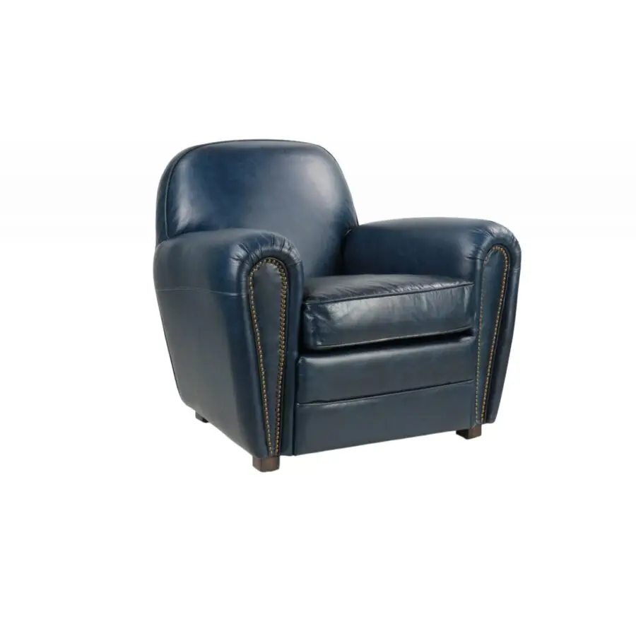 Fauteuil Club en cuir bleu, design indémodable, dossier rond