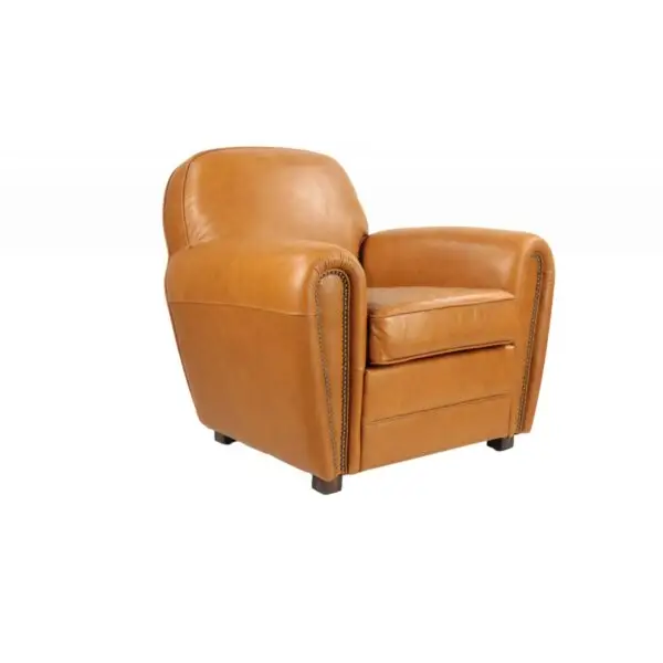 Fauteuil Club en cuir tan, design intemporel, dossier rond