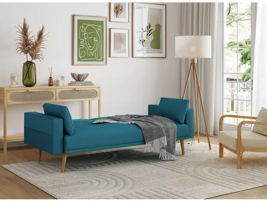 DIANA Canapé droit 3 places scandinave convertible en tissu  bleu pétrole – Image 2
