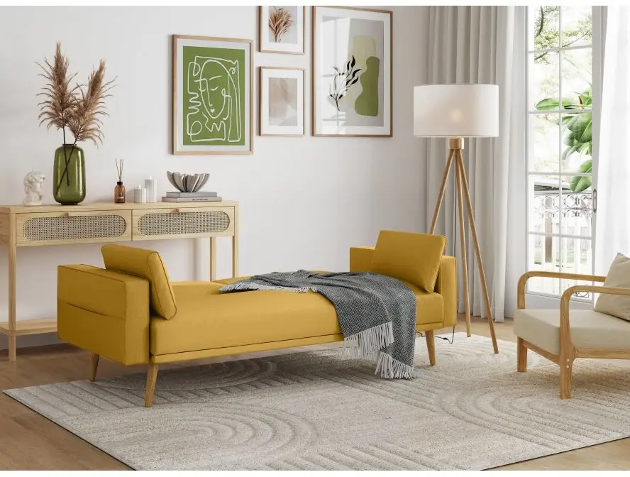 DIANA Canapé droit 3 places scandinave convertible en tissu jaune – Image 2