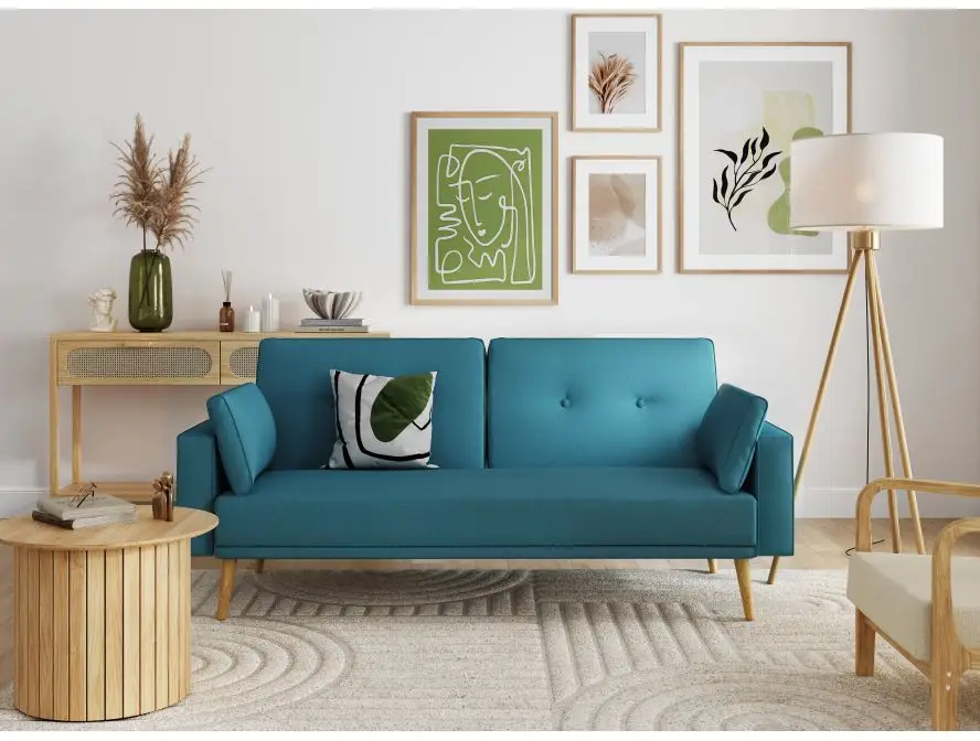 DIANA Canapé droit 3 places scandinave convertible en tissu  bleu pétrole – Image 3