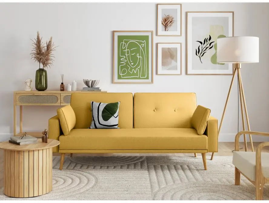 DIANA Canapé droit 3 places scandinave convertible en tissu jaune – Image 3