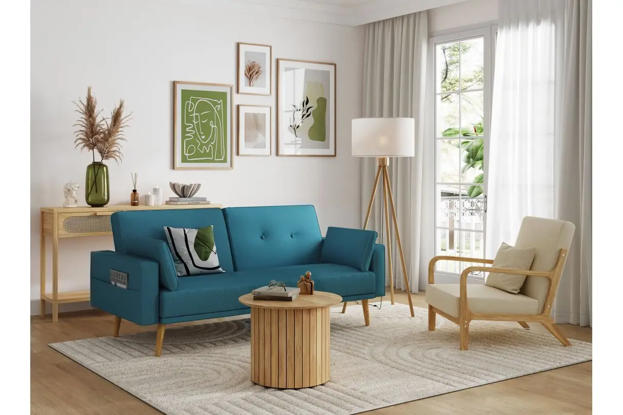 DIANA Canapé droit 3 places scandinave convertible en tissu  bleu pétrole – Image 4