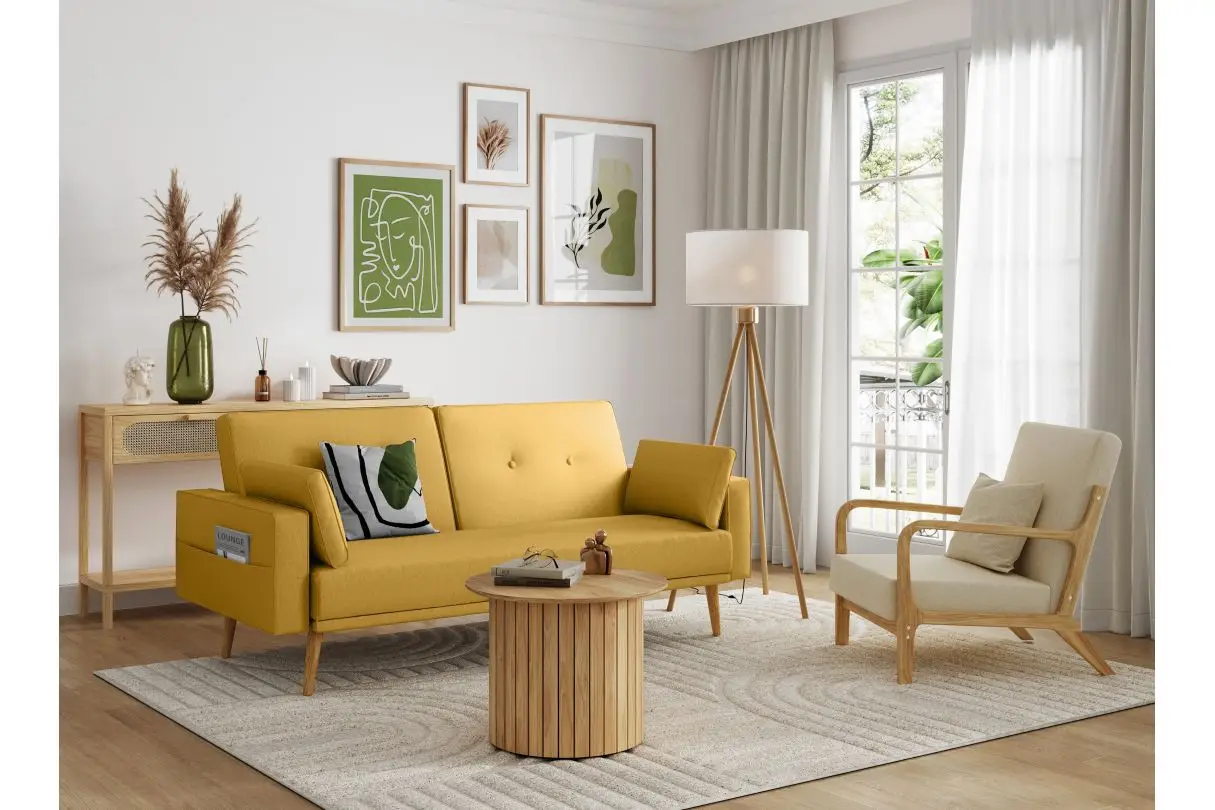 DIANA Canapé droit 3 places scandinave convertible en tissu jaune – Image 4