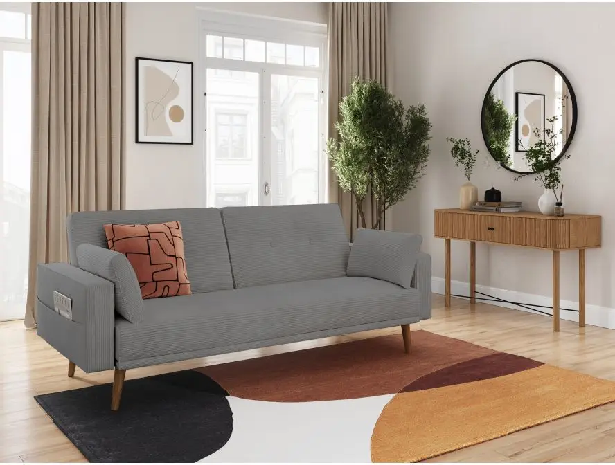 DIANA Canapé droit 3 places scandinave en velours côtelé gris – Image 2