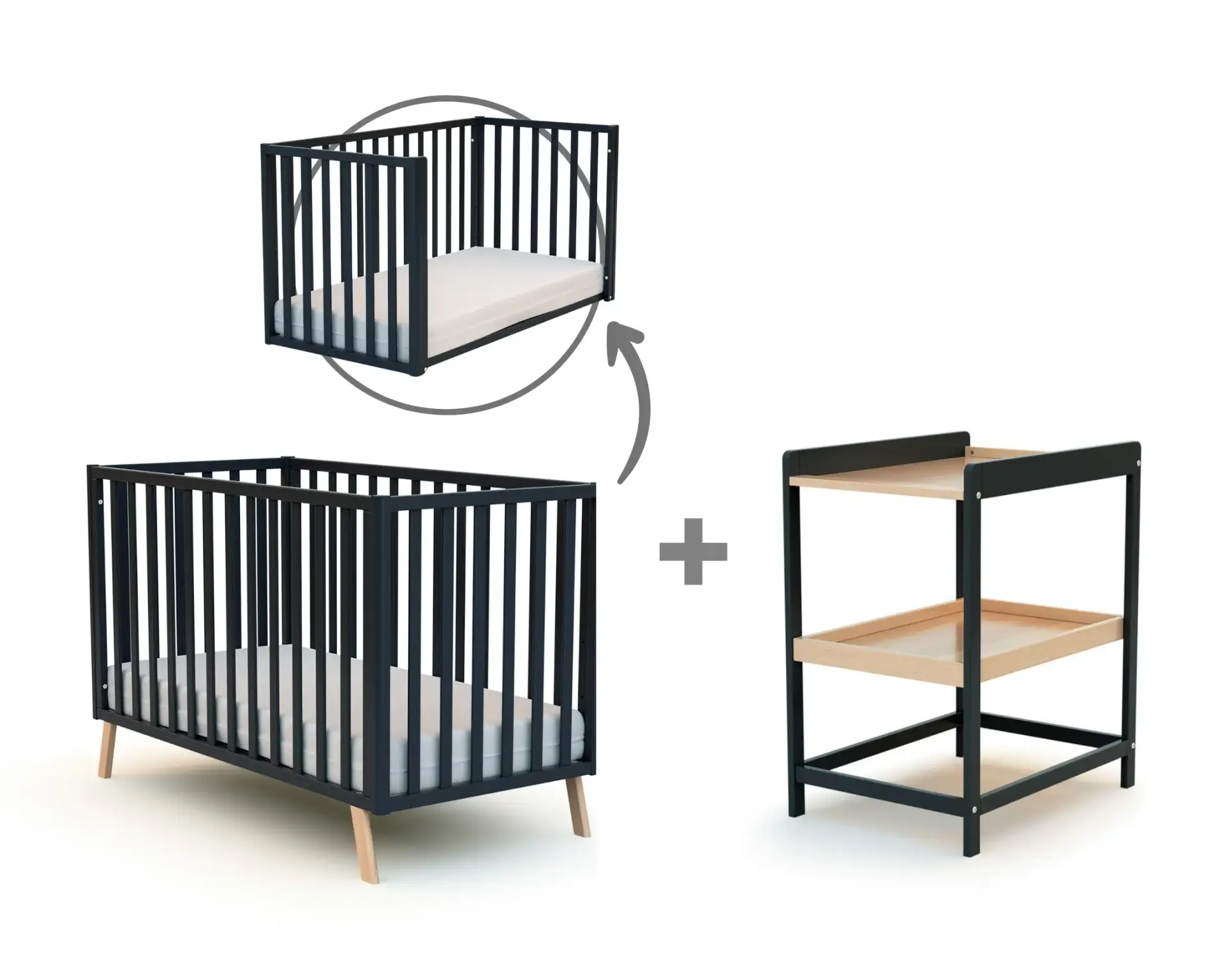 Ensemble lit bébé évolutif KASA 60x120cm + table à langer CONFORT gris graphite