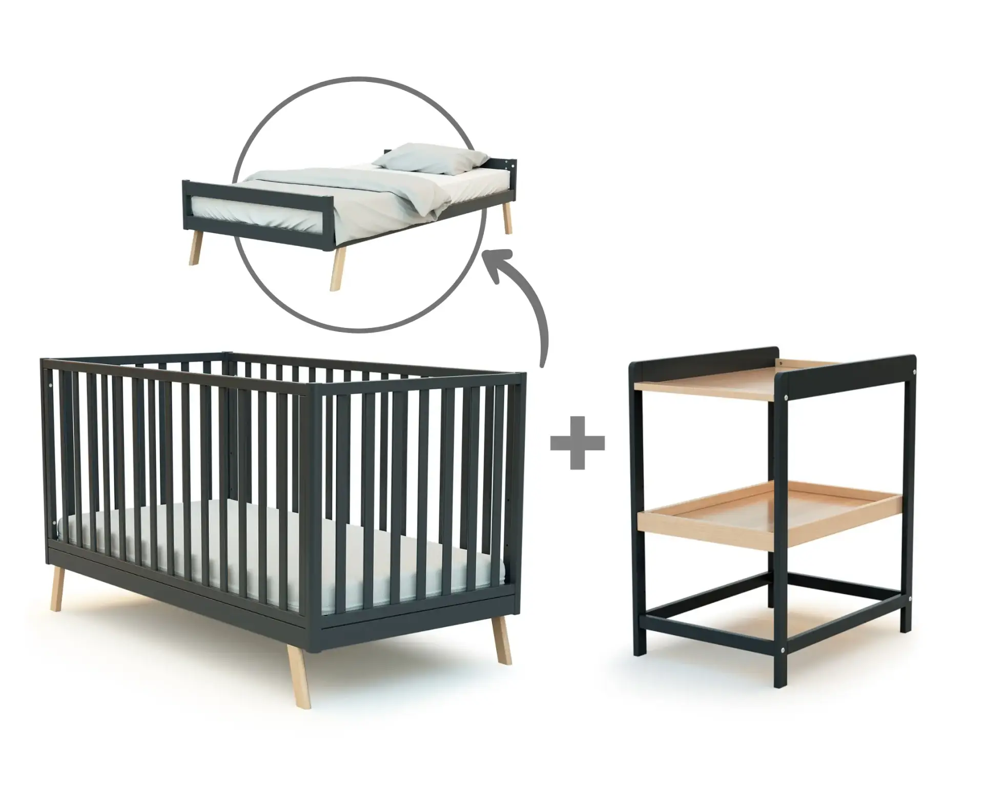 Ensemble lit bébé évolutif KASA 70x140cm + table à langer CONFORT gris graphite