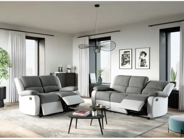 9121 Canapé de relaxation manuel 2 places en microfibre et simili GRIS BLANC – Image 4