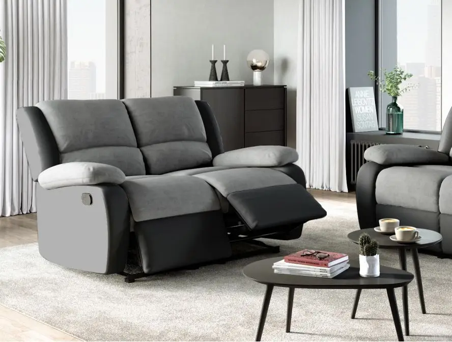 9121 Canapé de relaxation manuel 2 places en microfibre et simili GRIS NOIR – Image 2