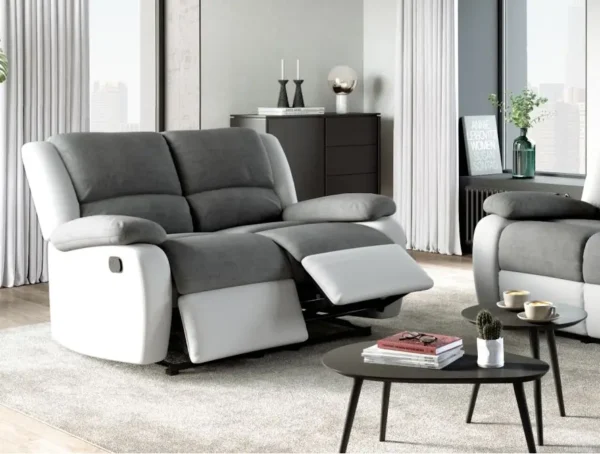 9121 Canapé de relaxation manuel 2 places en microfibre et simili GRIS BLANC – Image 2