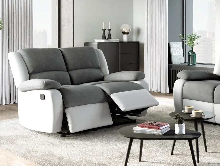 9121 Canapé de relaxation manuel 2 places en microfibre et simili GRIS BLANC – Image 2