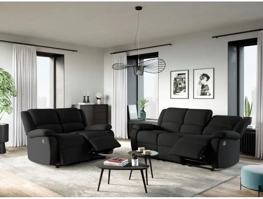 9121 Canapé de relaxation manuel 3 places en microfibre NOIR – Image 3