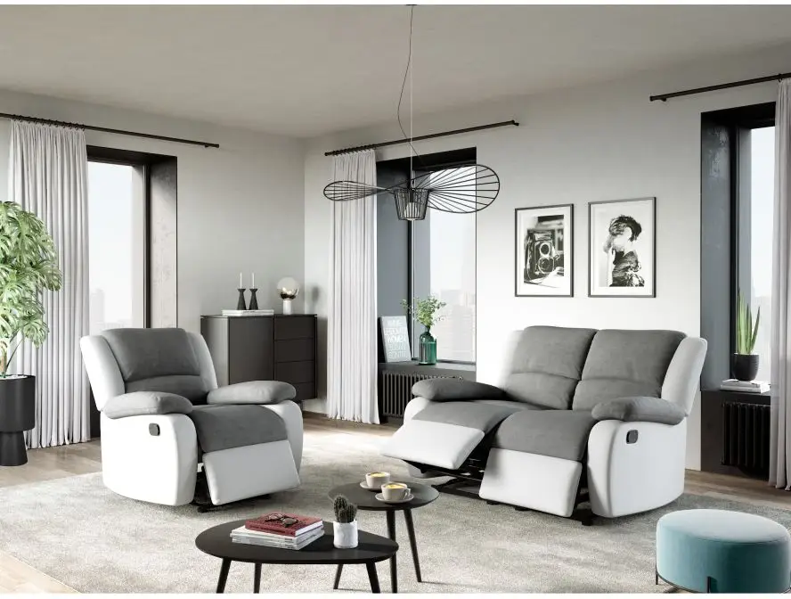 9121 Fauteuil de relaxation manuel en microfibre et simili gris blanc – Image 2