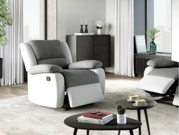 9121 Fauteuil de relaxation manuel en microfibre et simili gris blanc – Image 3