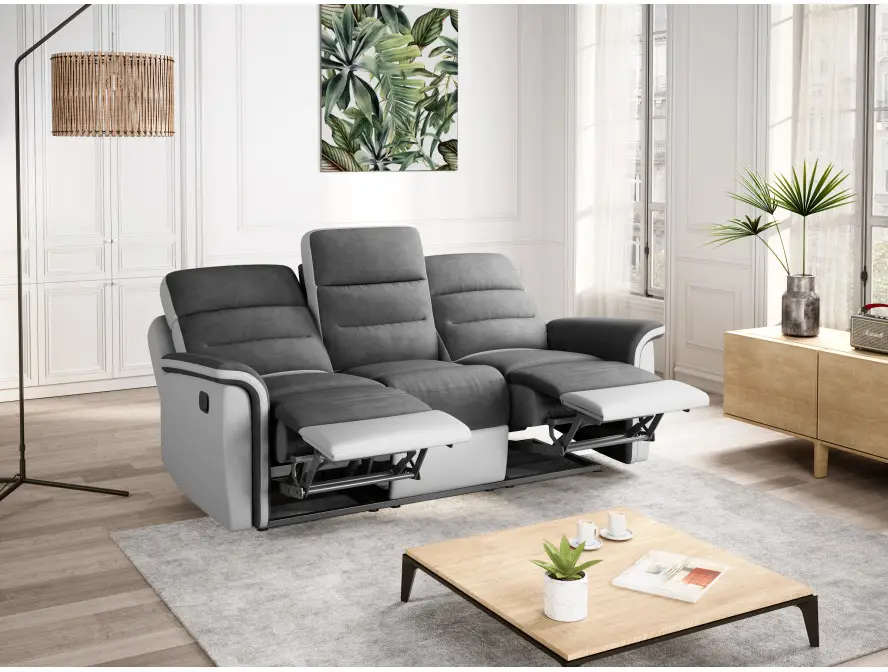 9222 Canapé de relaxation manuel 3 places en simili et microfibre gris BLANC – Image 2