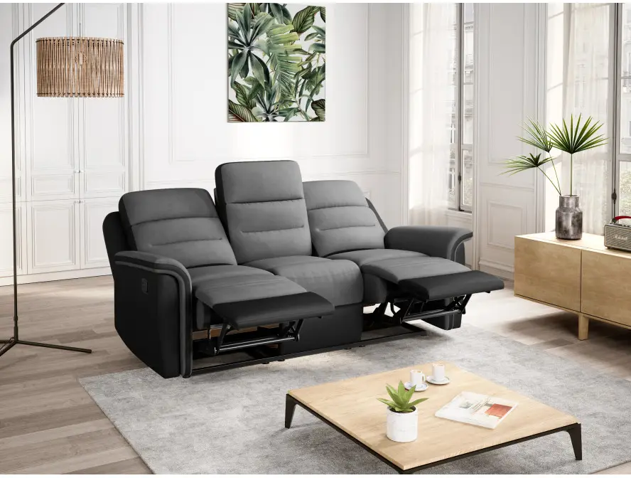 9222 Canapé de relaxation manuel 3 places en simili et microfibre gris noir – Image 2