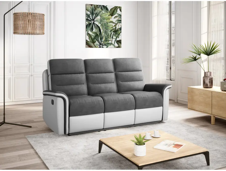 9222 Canapé de relaxation manuel 3 places en simili et microfibre gris BLANC – Image 3