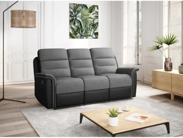 9222 Canapé de relaxation manuel 3 places en simili et microfibre gris noir – Image 3