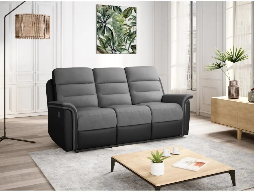 9222 Canapé de relaxation manuel 3 places en simili et microfibre gris noir – Image 3