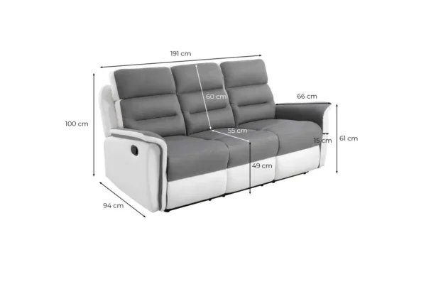 9222 Canapé de relaxation manuel 3 places en simili et microfibre gris BLANC – Image 7