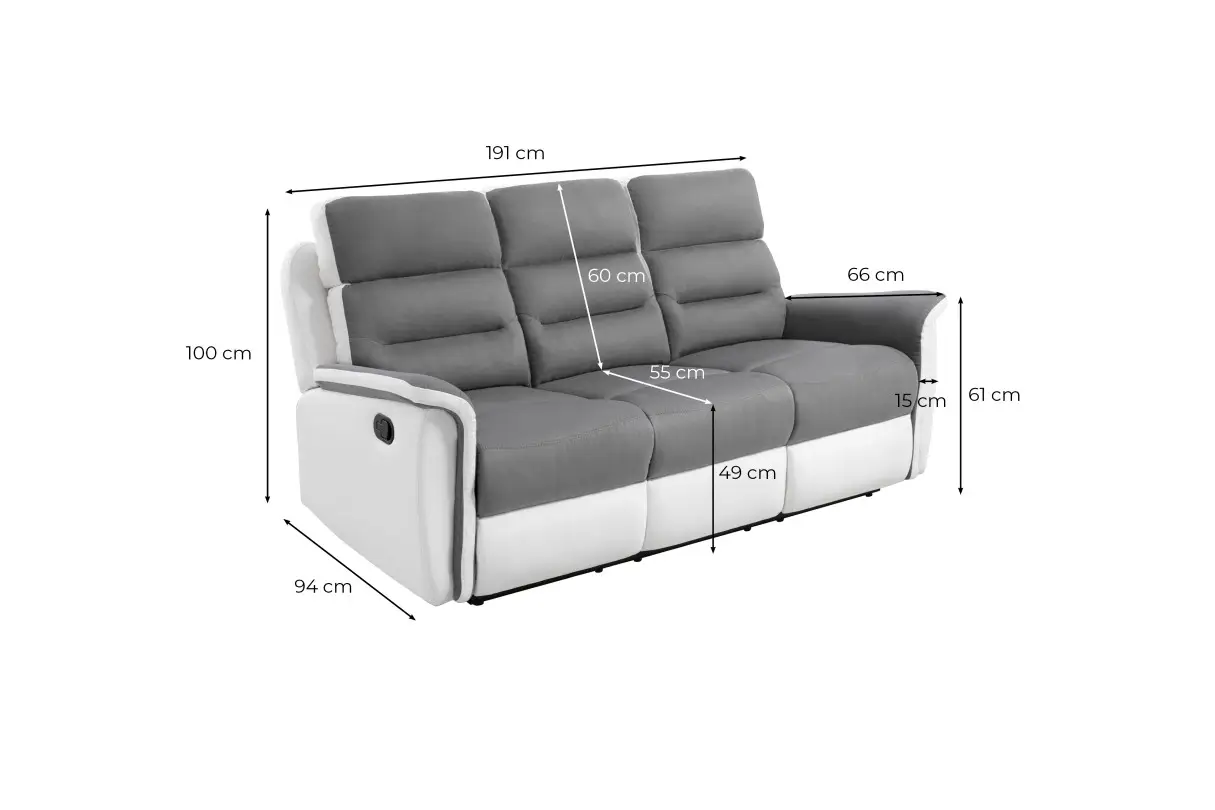 9222 Canapé de relaxation manuel 3 places en simili et microfibre gris BLANC – Image 7