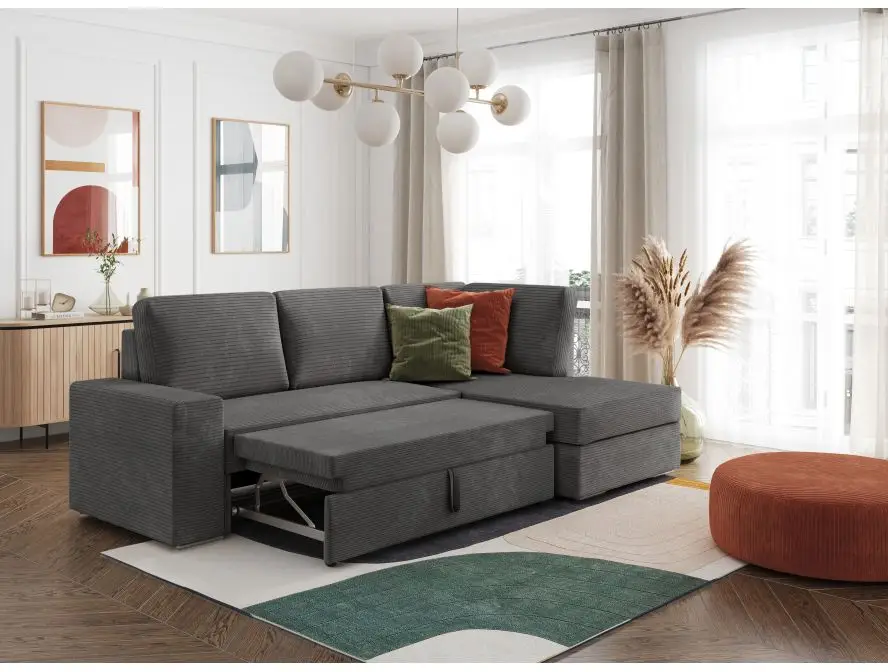 ARTEMIS Canapé d'angle convertible avec coffre en velours côtelé  GRIS FONCE  angle droit – Image 2