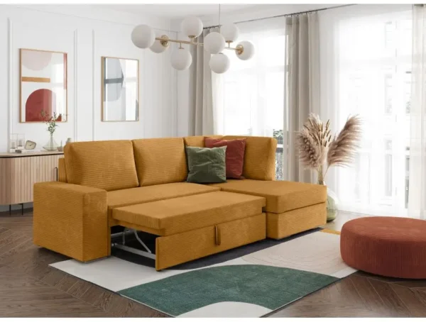 ARTEMIS Canapé d'angle convertible avec coffre en velours côtelé  JAUNE  angle droit – Image 2