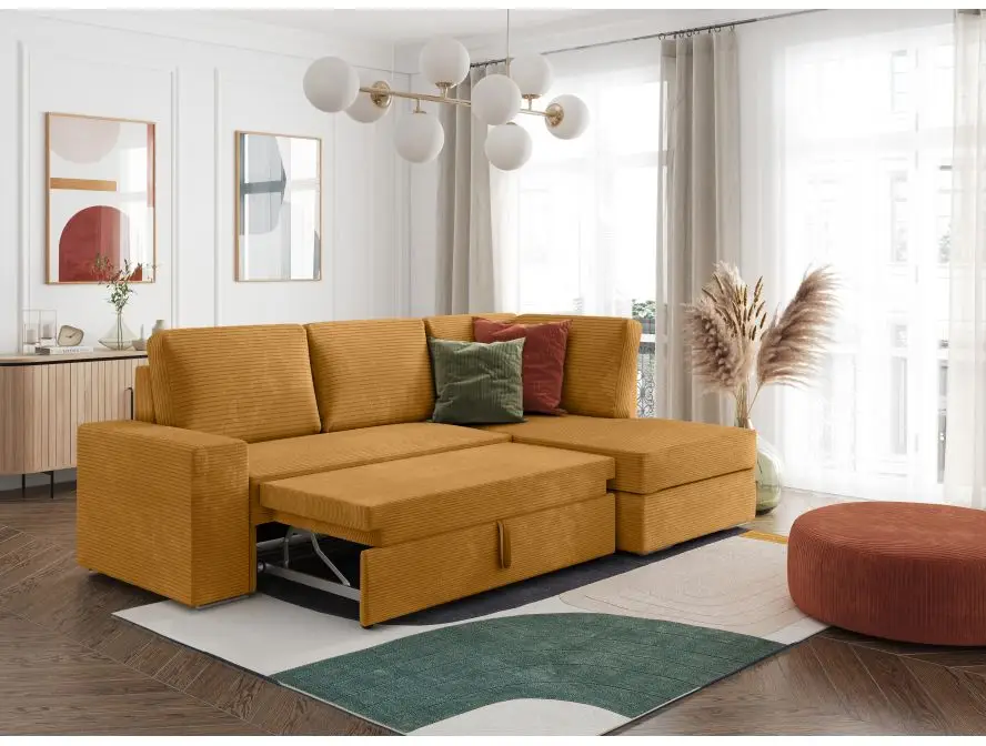 ARTEMIS Canapé d'angle convertible avec coffre en velours côtelé  JAUNE  angle droit – Image 2