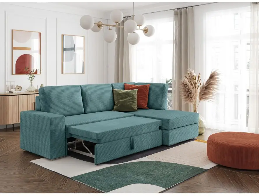 ARTEMIS Canapé d'angle convertible avec coffre en velours côtelé  BLEU CLAIR angle droit – Image 2