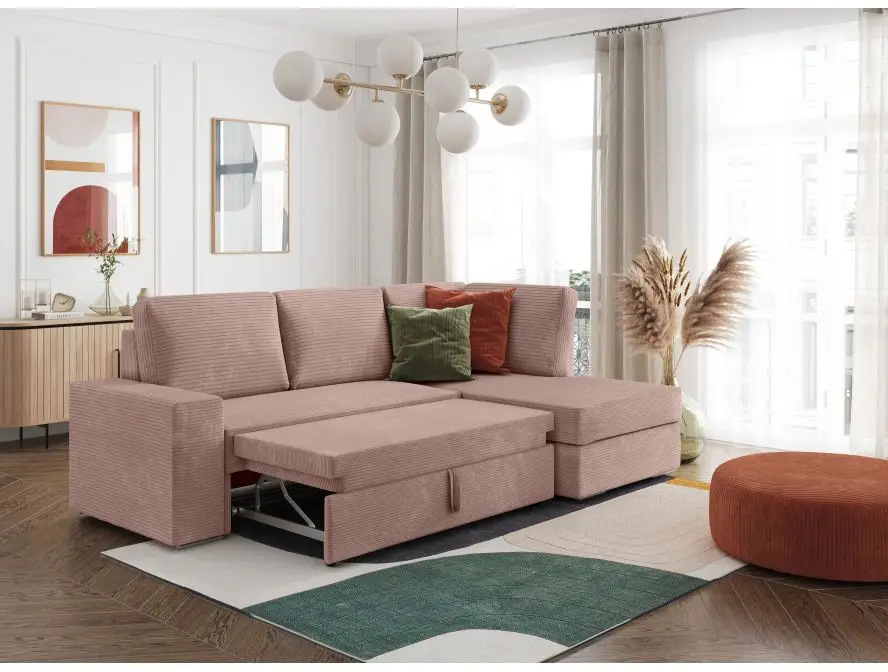 ARTEMIS Canapé d'angle convertible avec coffre en velours côtelé  VIEUX ROSE angle droit – Image 2