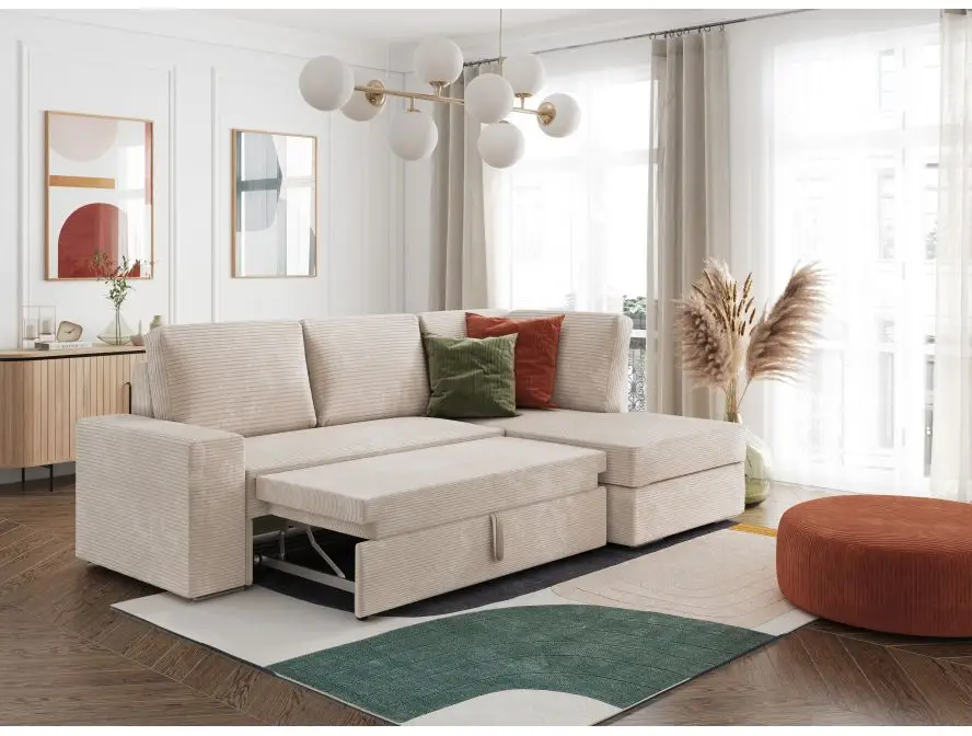 ARTEMIS Canapé d'angle convertible avec coffre en velours côtelé  BEIGE  angle droit – Image 3