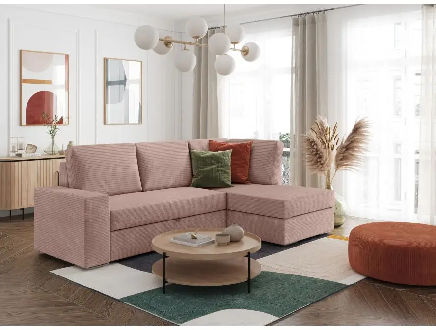 ARTEMIS Canapé d'angle convertible avec coffre en velours côtelé  VIEUX ROSE angle droit – Image 3