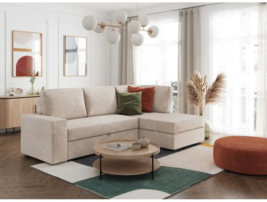 ARTEMIS Canapé d'angle convertible avec coffre en velours côtelé  BEIGE  angle droit – Image 5