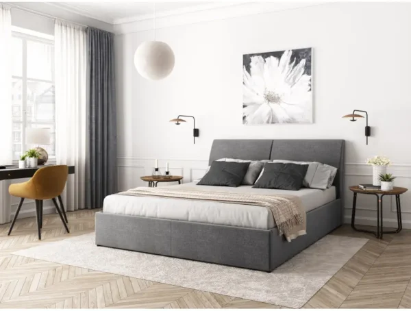 HARMONY Cadre de lit avec coffre, tête de lit et sommier inclus en tissu GRIS FONCE 140/190 cm – Image 2