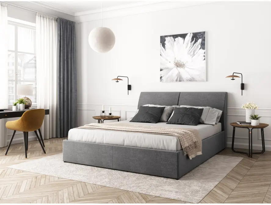 HARMONY Cadre de lit avec coffre, tête de lit et sommier inclus en tissu GRIS FONCE 140/190 cm – Image 2