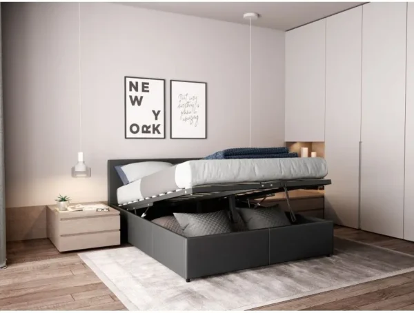 MAJESTIC Cadre de lit avec coffre de rangement et tête de lit en simili GRIS 140/190 cm – Image 2