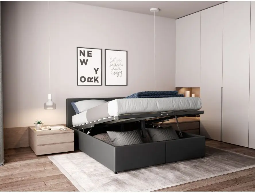 MAJESTIC Cadre de lit avec coffre de rangement et tête de lit en simili GRIS 140/190 cm – Image 2